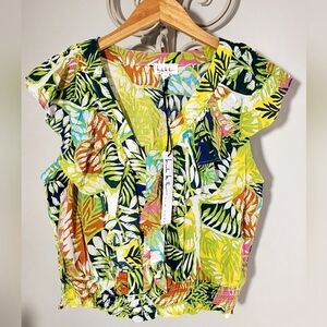 Tropical Print Multi-color Women's Sleeveless Ruffled V-neck Blouse Size S